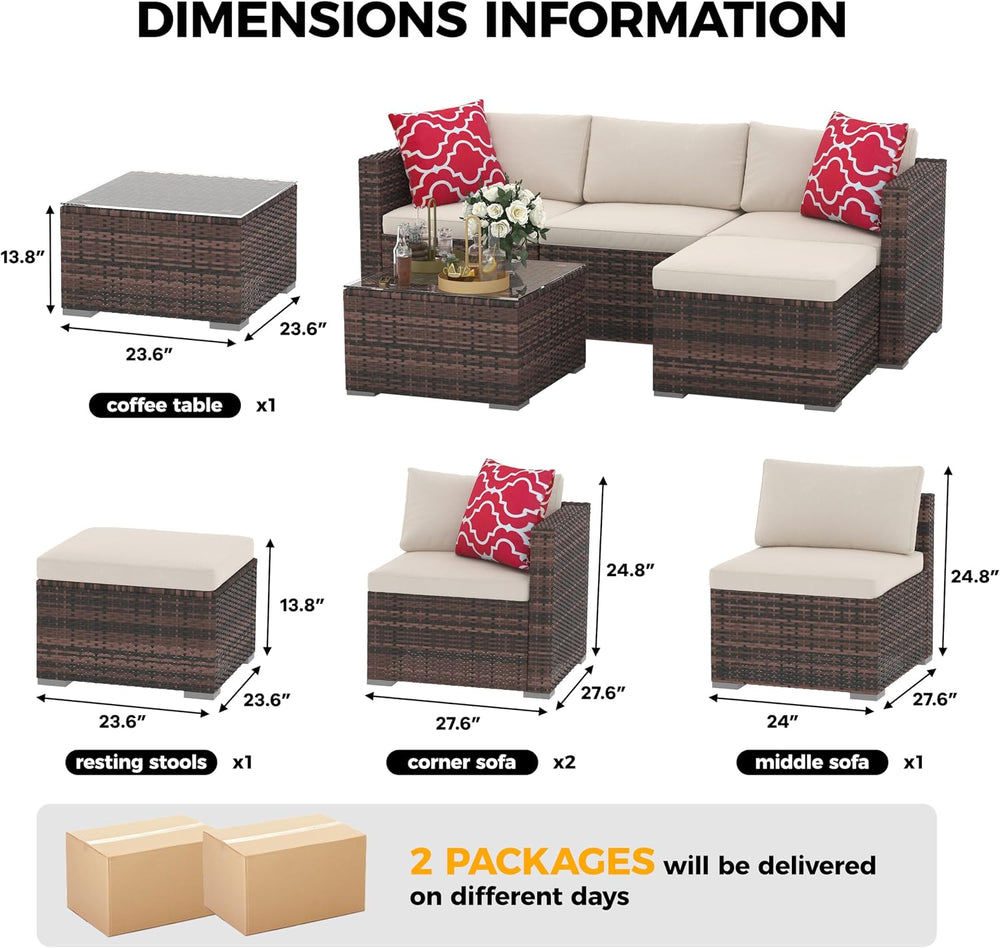 Outdoor Patio Furniture Set, 5 Pieces All-Weather Wicker Sectional Conversati...