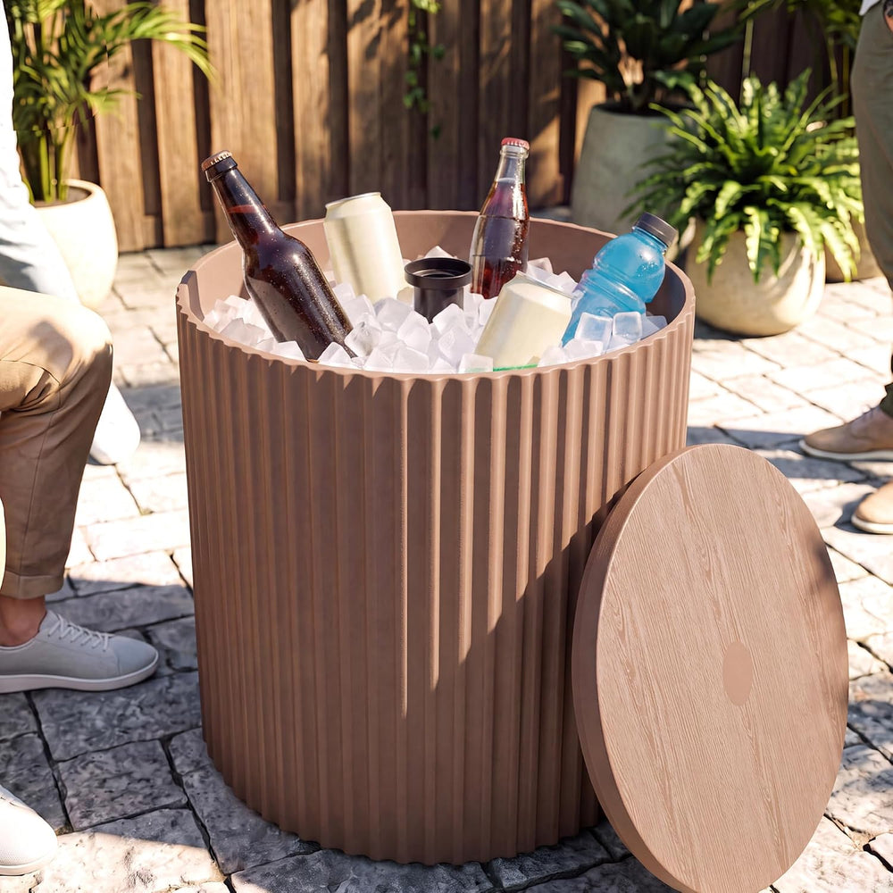 JEAREY Outdoor Side Table Set of 2, Umbrella Base, Ice Bucket, Brown