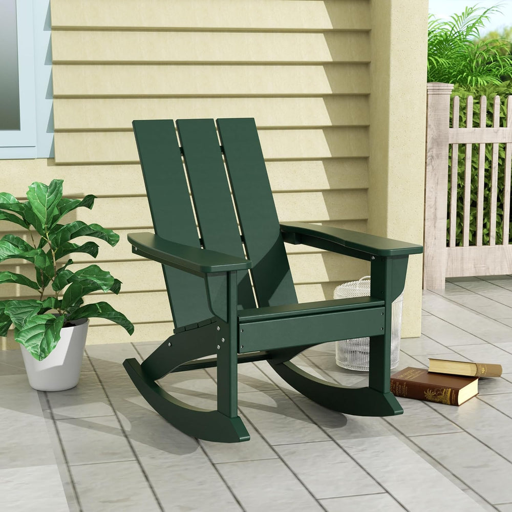 WO HOME FURNITURE Modern HDPE Outdoor Adirondack Rocking Chair, Dark Green