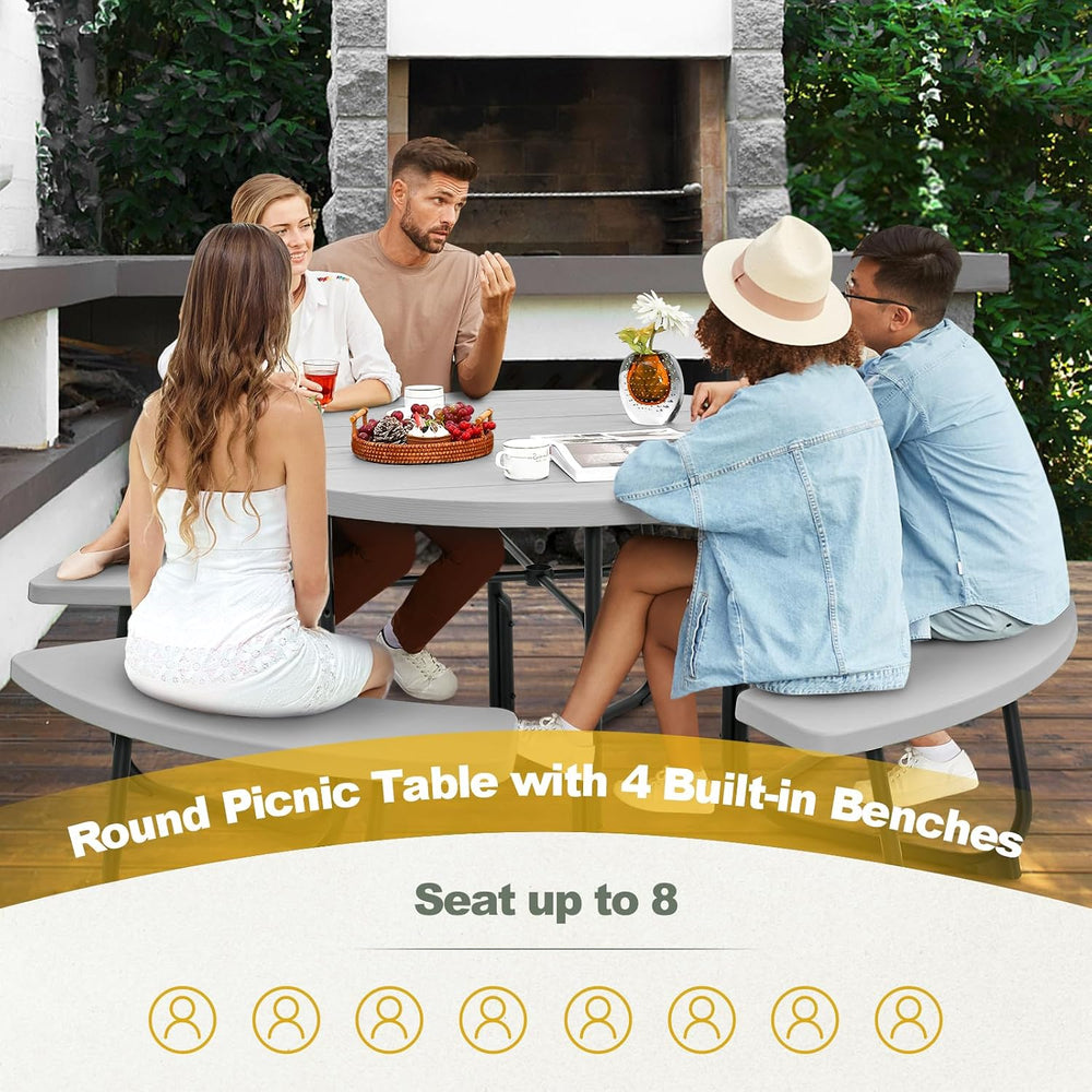 Tangkula 8 Person Round Picnic Table with 4 Built-in Benches, Grey