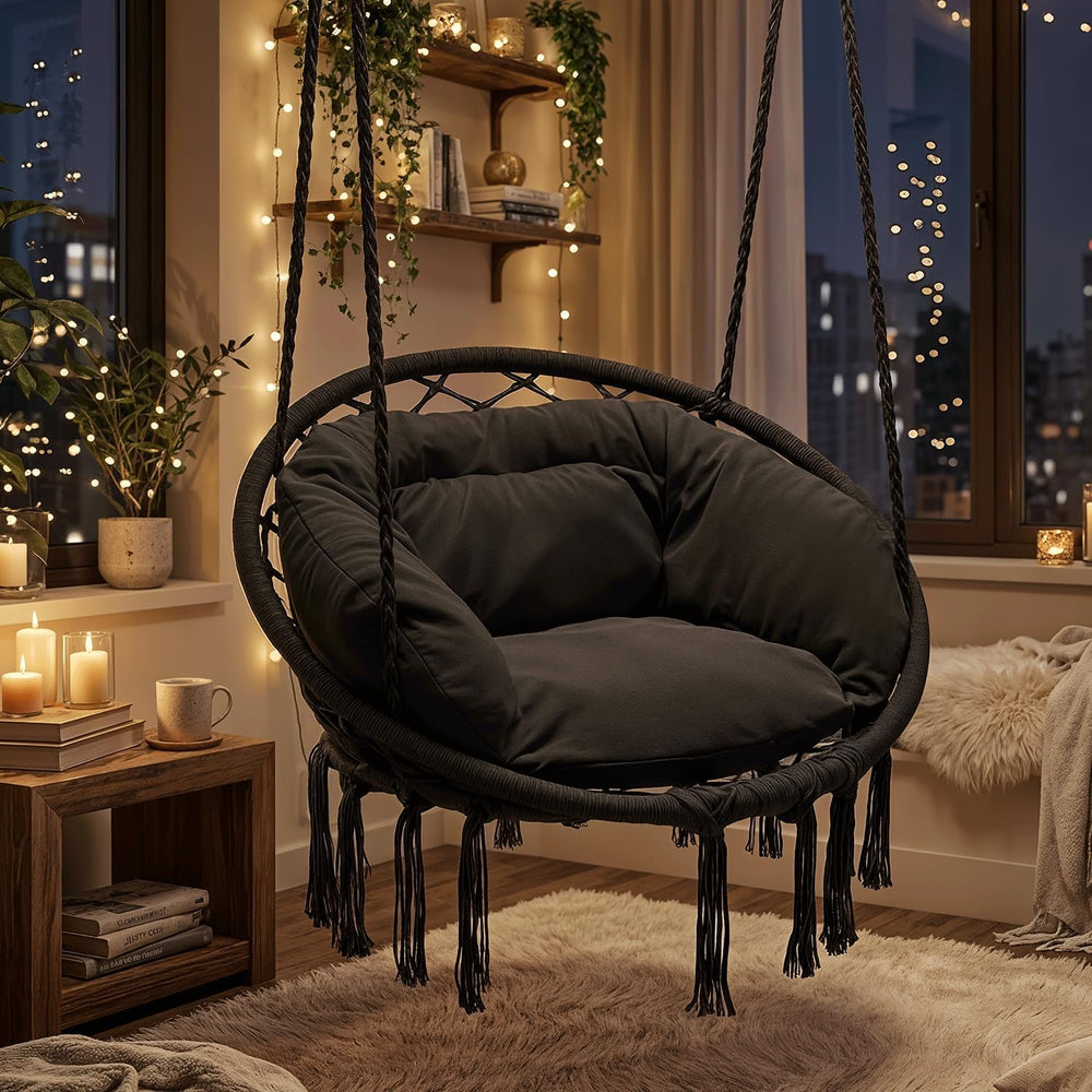 Magshion Macrame Hanging Hammock Chair with Cozy Full Cushion, Black