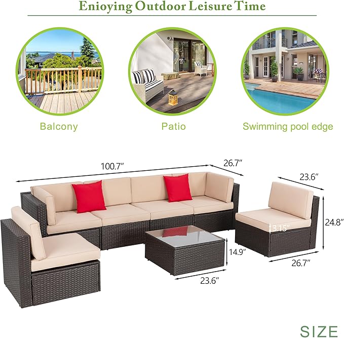 Vongrasig 7 Pieces Patio Furniture Sets, Outdoor Patio Conversation Set PE Ra...