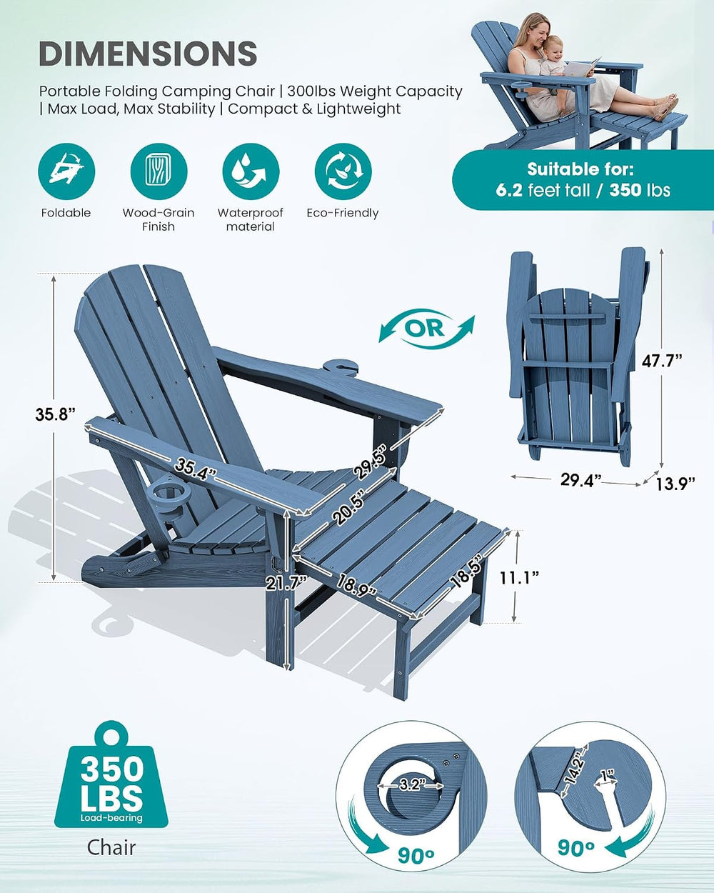 SERWALL HDPE Folding Adjustable Adirondack Chair with Footrest, Blue