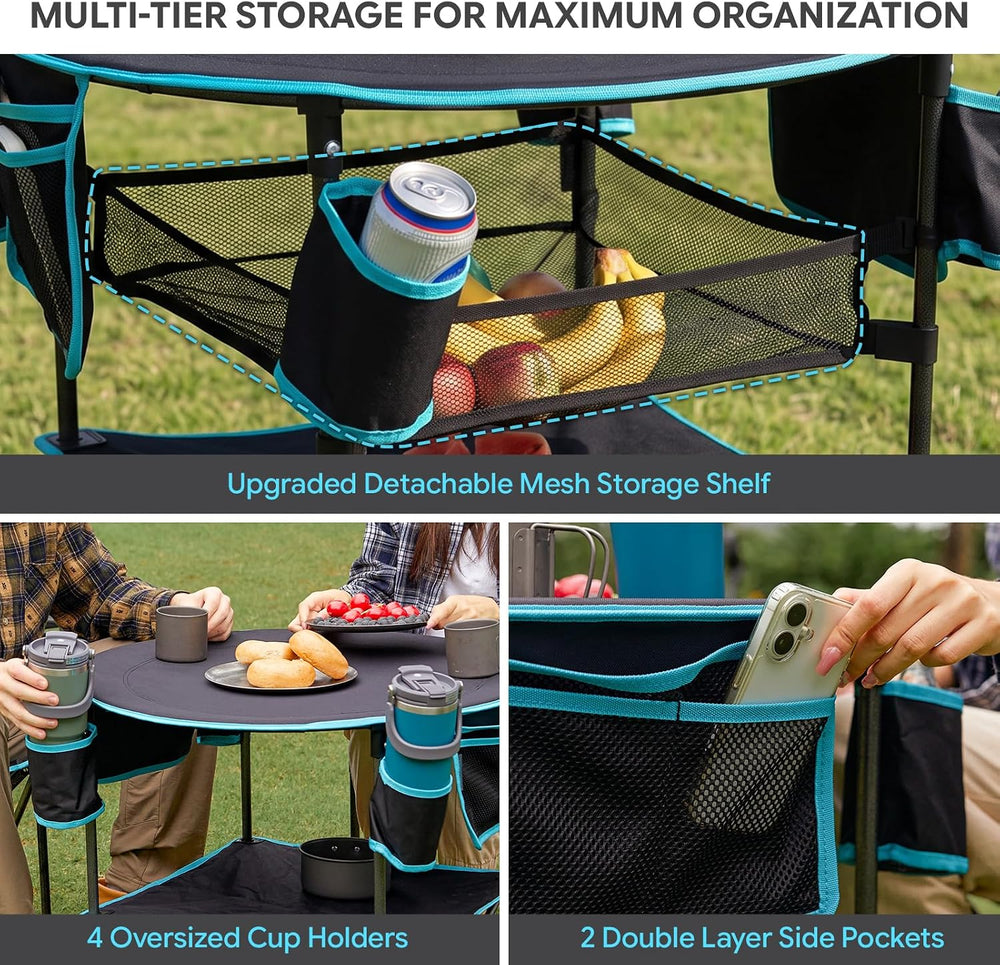 FUNDANGO Foldable Camping Table, 3-Tier Removable Mesh Shelf, 4 Cup Holders