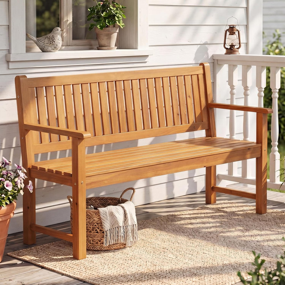Tangkula 3-Seater Outdoor Wooden Bench, 59-Inch Large Garden Bench, Natural