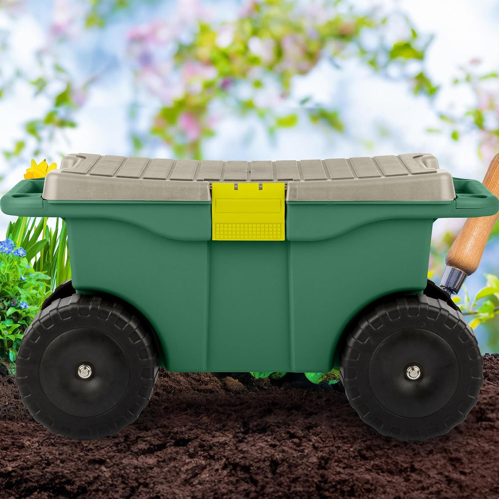 Rolling Garden Cart with Seat - Plastic Storage with Bench and Interior Tool ...