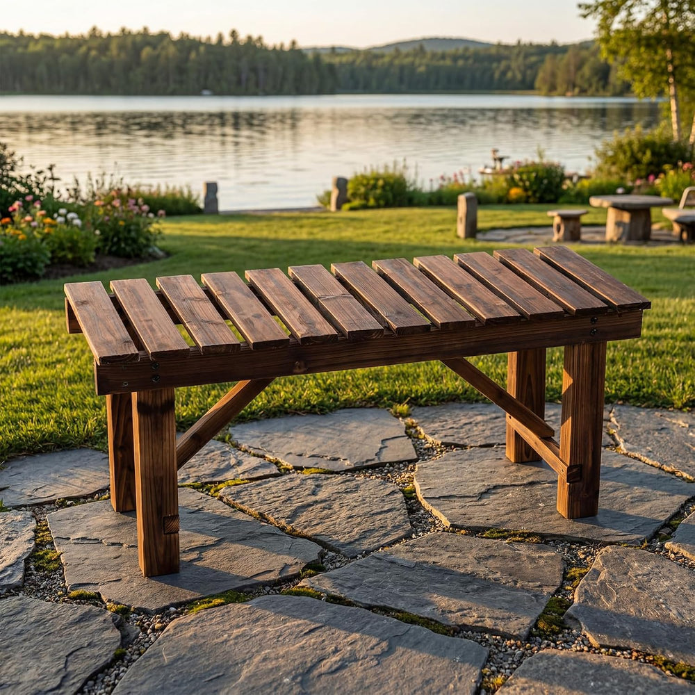 Cinnvoice 35.5 Inch Outdoor Garden Bench, Wooden Rustic Style