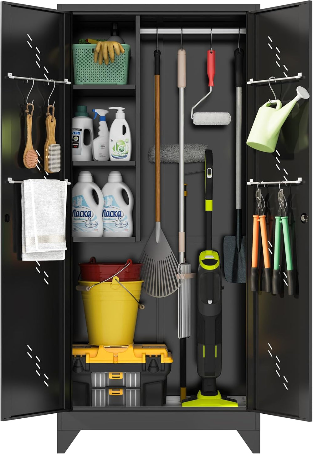 75" Metal Garage Storage Cabinet, Cleaning Tool Storage Cabinet, Utility...