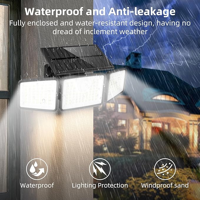 2500LM Solar Lights Outdoor with Motion Sensor,3 Head 270° Wide Angle Street ...