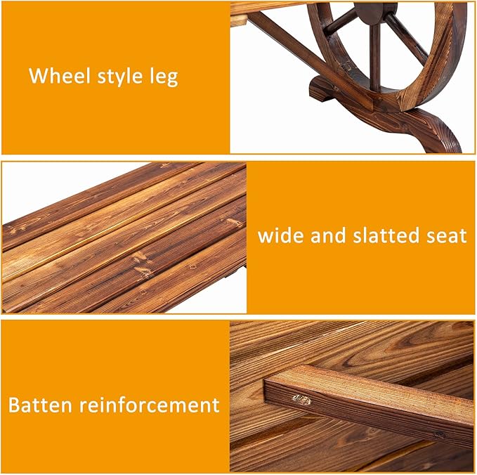 VINGLI Rustic Wooden Wheel Bench Outdoor Bench, Patio Bench Wagon Slatted Sea...