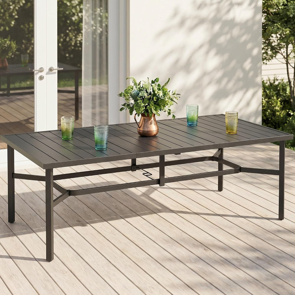 Outdoor Dining Table for 8, Black Metal Table w/Umbrella Hole