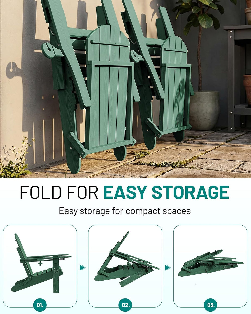 PLUUV Folding Adirondack Rocking Chair with Retractable Ottoman, Green
