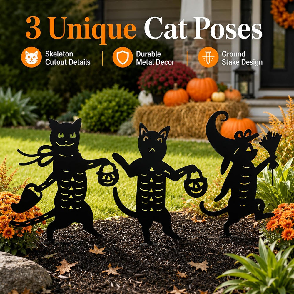 Metal Halloween Black Cat Garden Stakes Decorative, 3 Pack Scary Cat