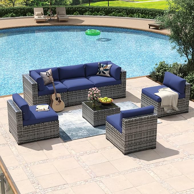 Aoxun 7 Piece Patio Furniture Set Wicker Rattan Patio Conversation Set Outdoo...