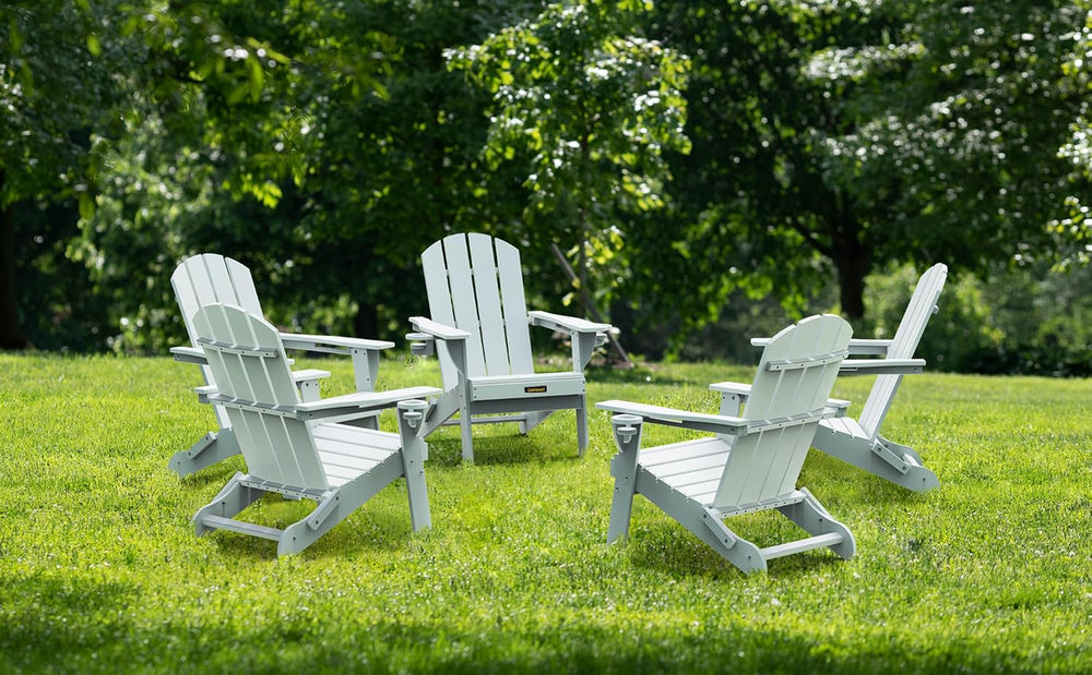 Folding Adirondack Chair, Wooden Textured Plastic Adirondack Chairs with 2 Cu...