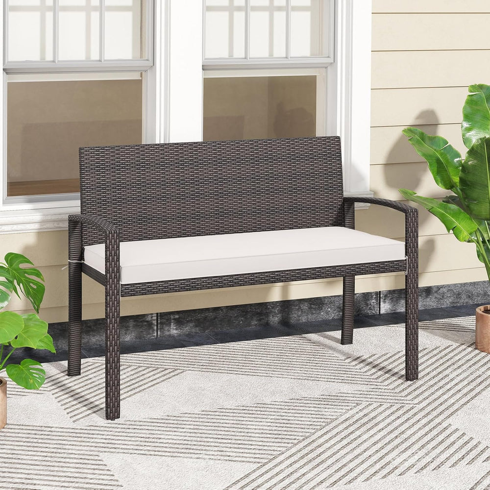 Tangkula Outdoor Rattan Bench, 2-Person Patio Loveseat with Removable Seat Cu...
