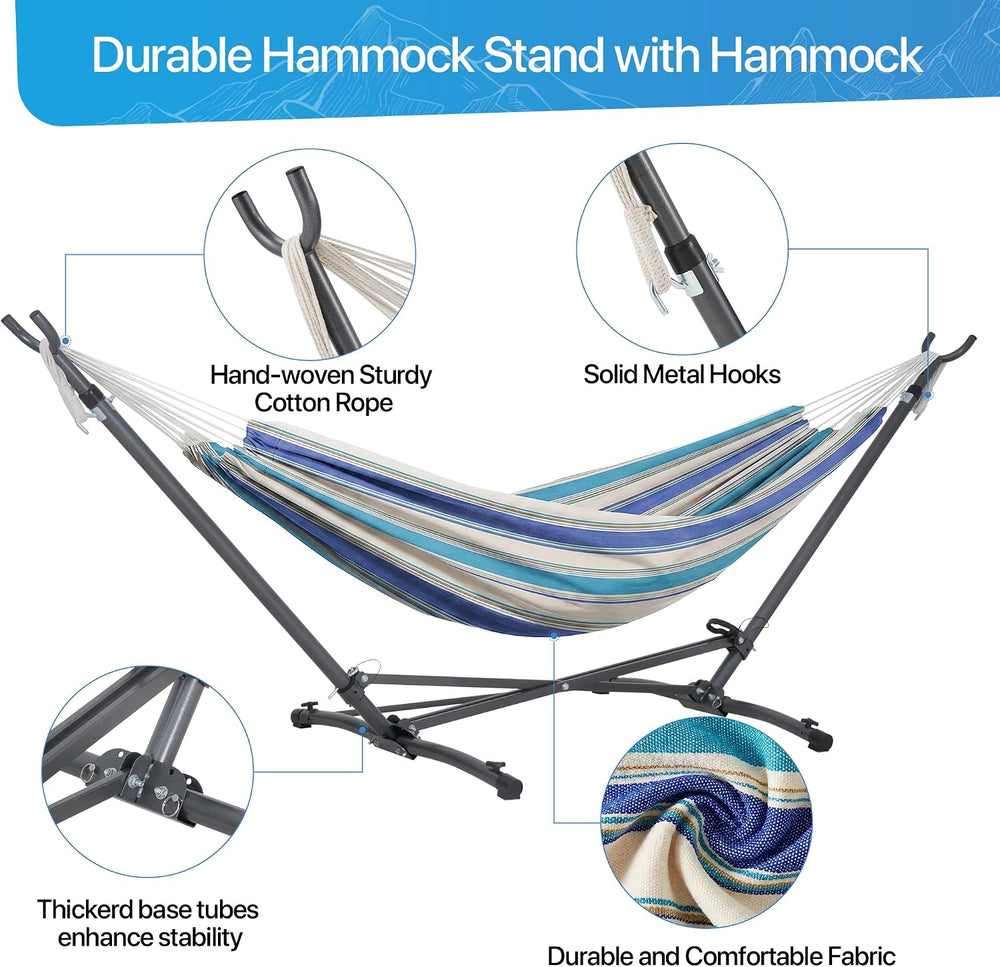 Portable Hammock with Folding Hammock Stand, Blue Stripes