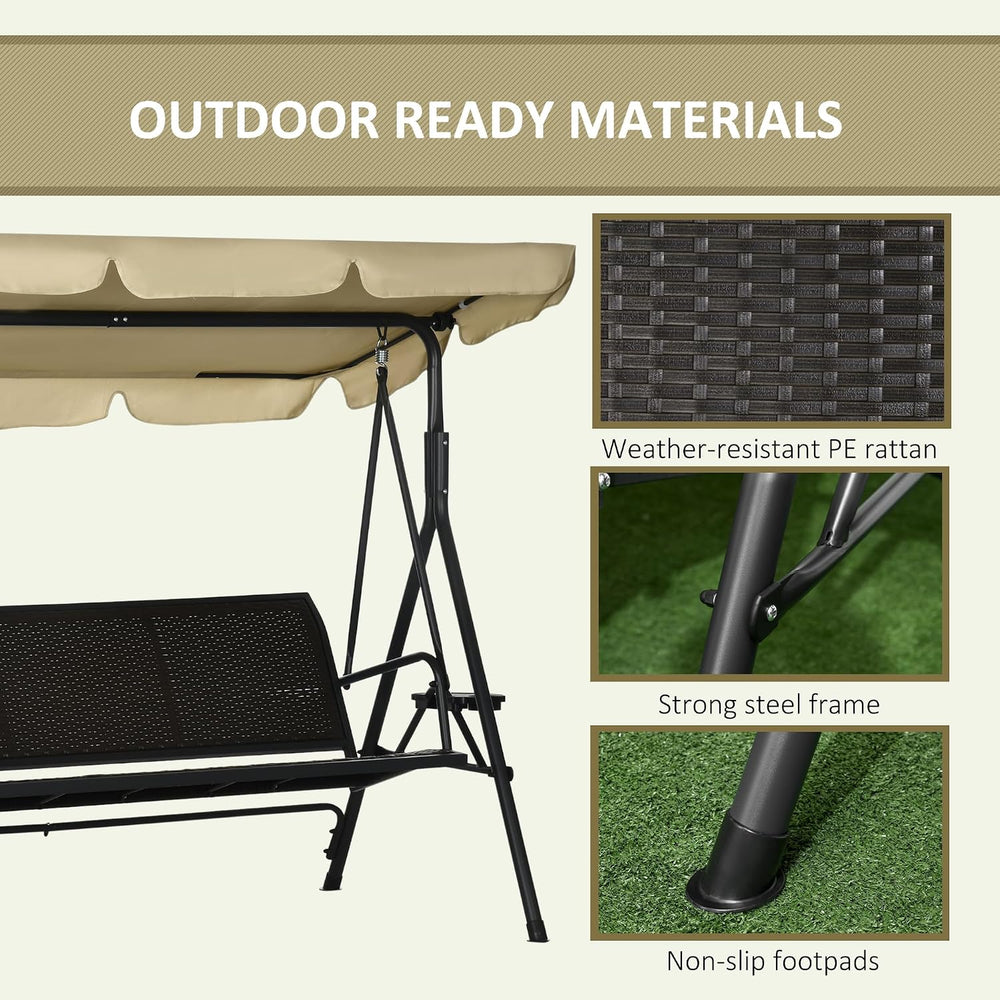 Outsunny 3-Seat Patio Swing Chair Swing Bench Adjustable Shade Rattan Seat