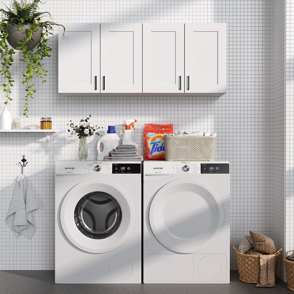 White Laundry Room Cabinets and Storage with 4 Doors and Utility Adjustable S...