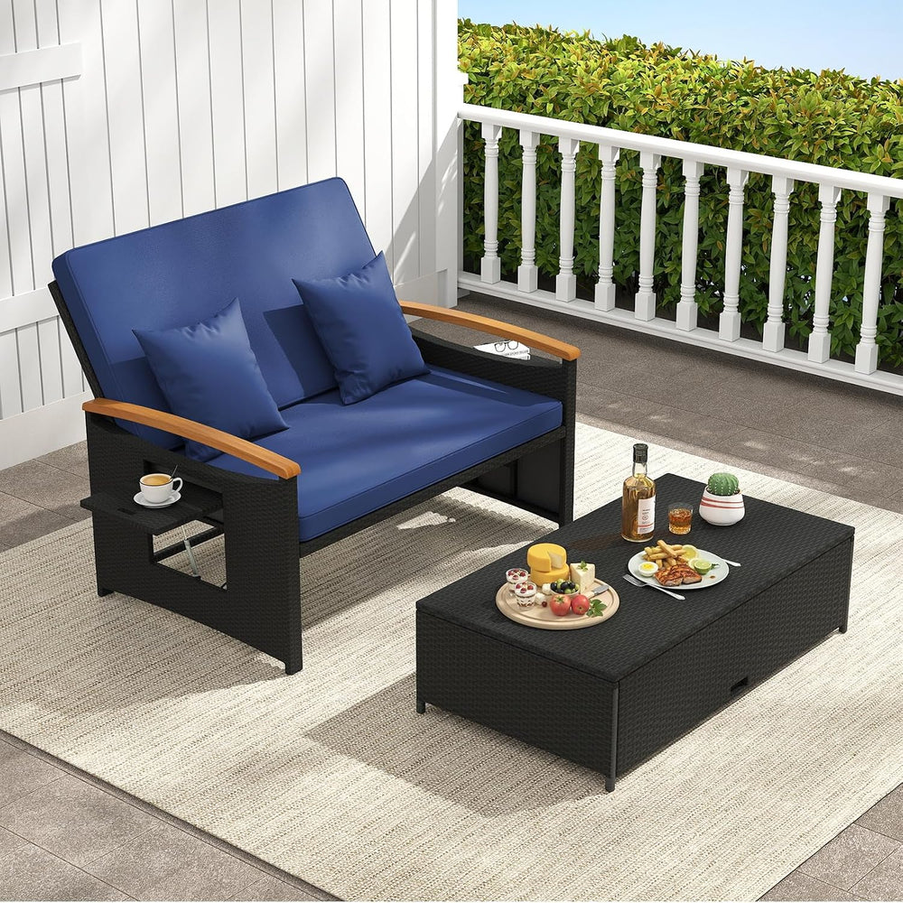Moccha Outdoor Wicker Daybed, Patio Rattan Loveseat Sofa w/ 4-Level Adjustabl...