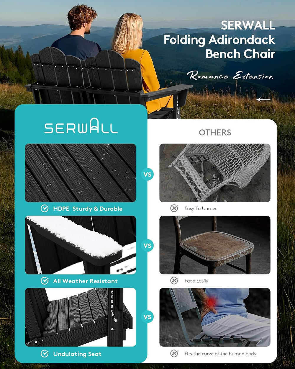 SERWALL Folding Adirondack Bench, HDPE Outdoor Bench, 660lbs Cap, Black