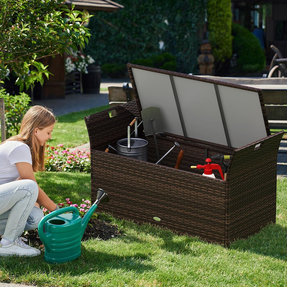 Tangkula 68 Gallon Outdoor Wicker Storage Bench, Patio Storage Box with Hand-...