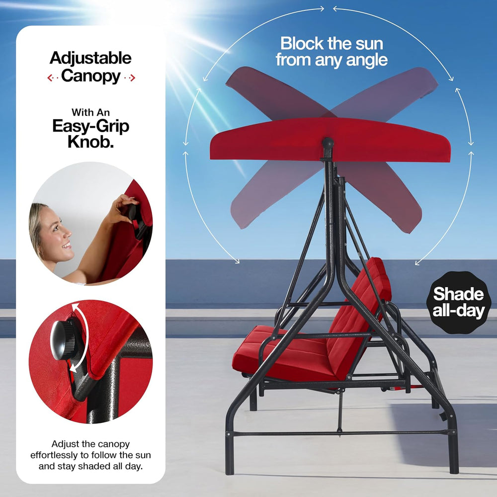 3 Seat Outdoor Patio Swing with Canopy, Convertible Glider Bed, Cushions