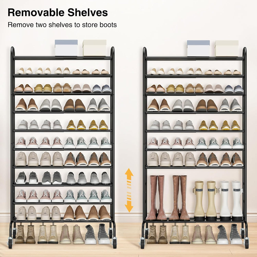 STO STO 10-Tier Expandable Tall Shoe Rack for Garage, 44 Pairs, Black