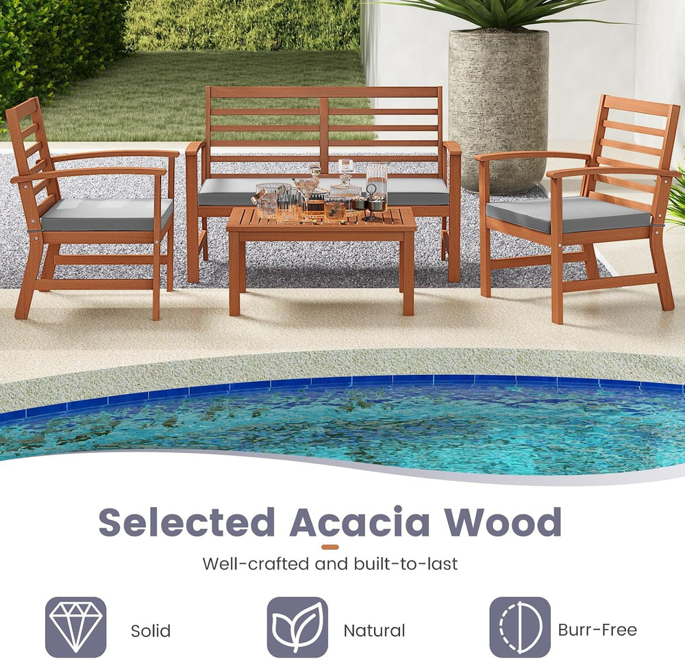 Tangkula 4 Pieces Outdoor Furniture Set, Acacia Wood Conversation Set w/Soft ...