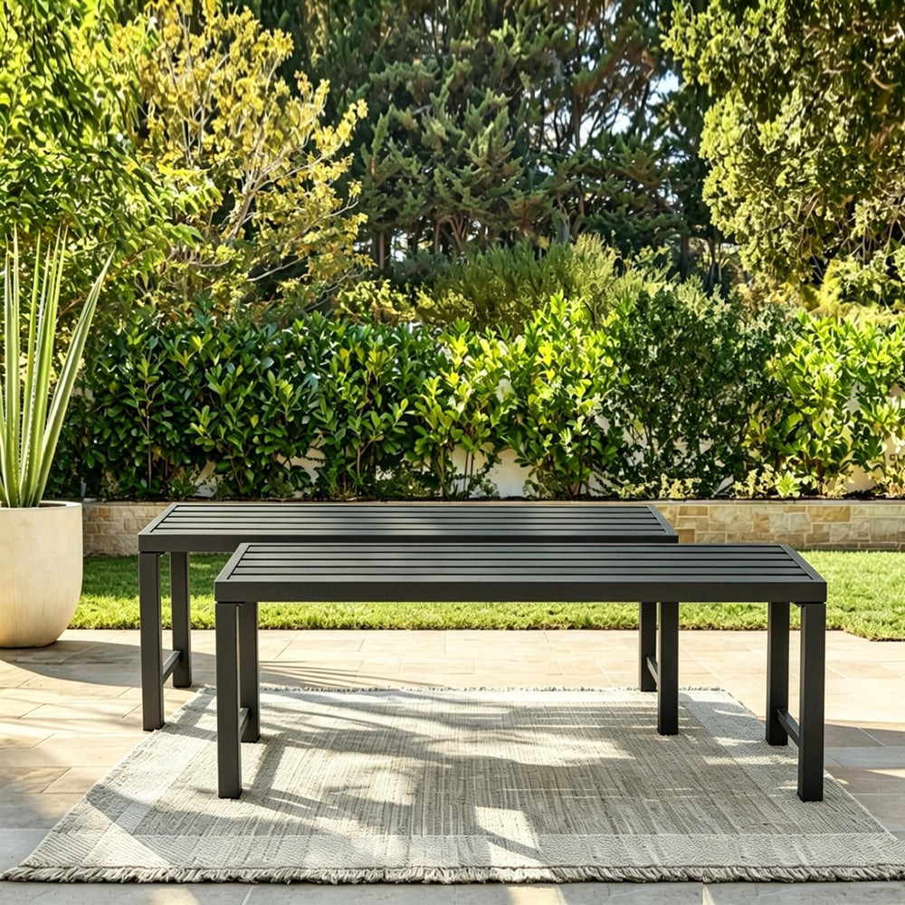 Outdoor Metal Backless Bench, Set of 2,Weatherproof Patio Bench with Slatted ...