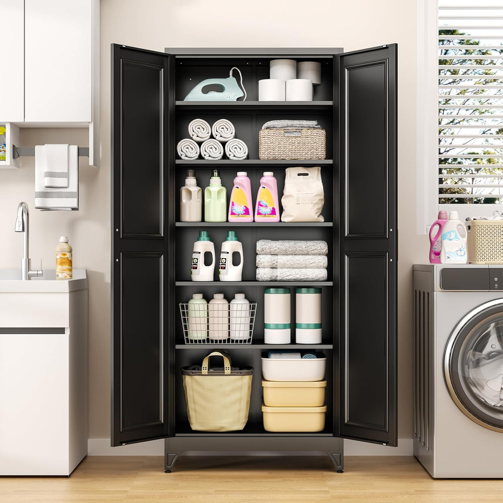 75" Black Metal Storage Cabinet with Doors, Heavy Duty