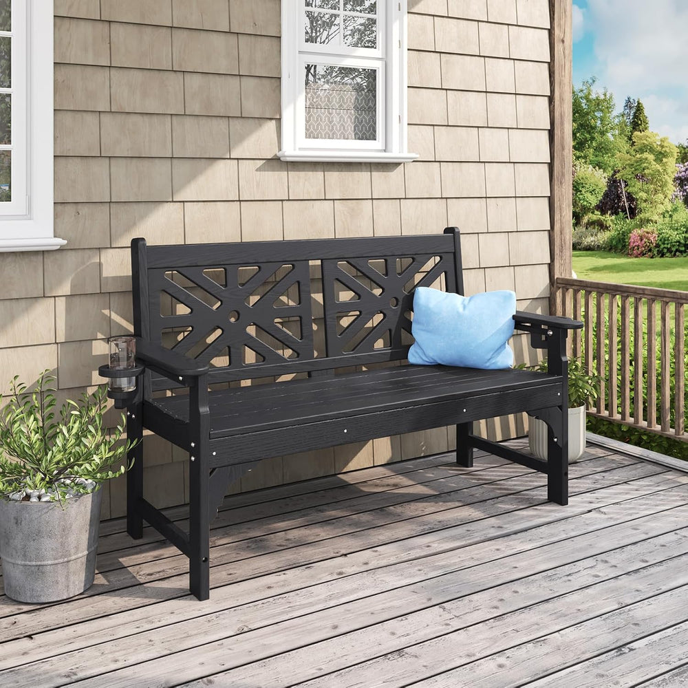 Oversized Outdoor Bench Set of 2, 51.5” HDPE Aesthetic Garden Bench with Cup ...