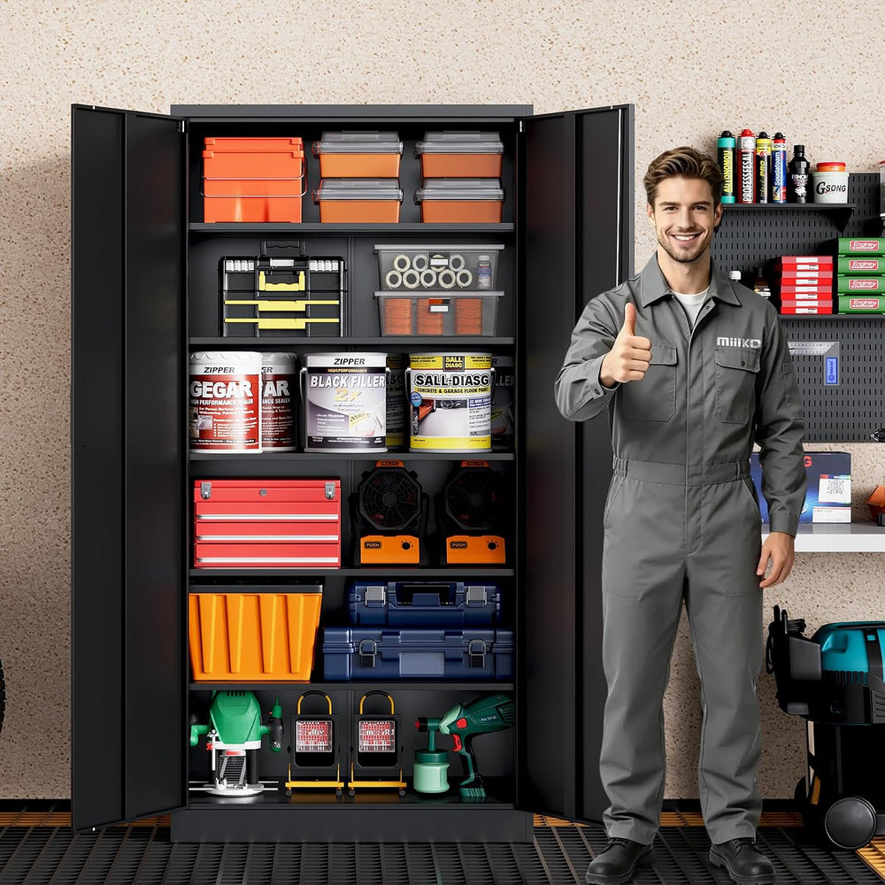 MIIIKO Metal Garage Storage Cabinet with 2 Doors and 5 Shelves,71" Tall ...