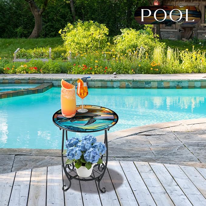 Outdoor Side Table Round Small Mosaic Patio Accent Indoor End Plant Coffee Te...