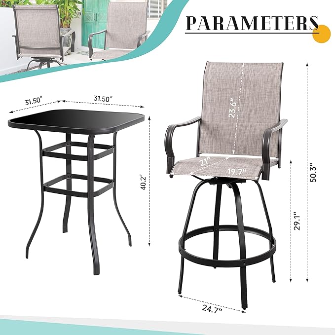 Vongrasig 5 Piece Patio Swivel Bar Set, All Weather Mental Textilene High Swi...