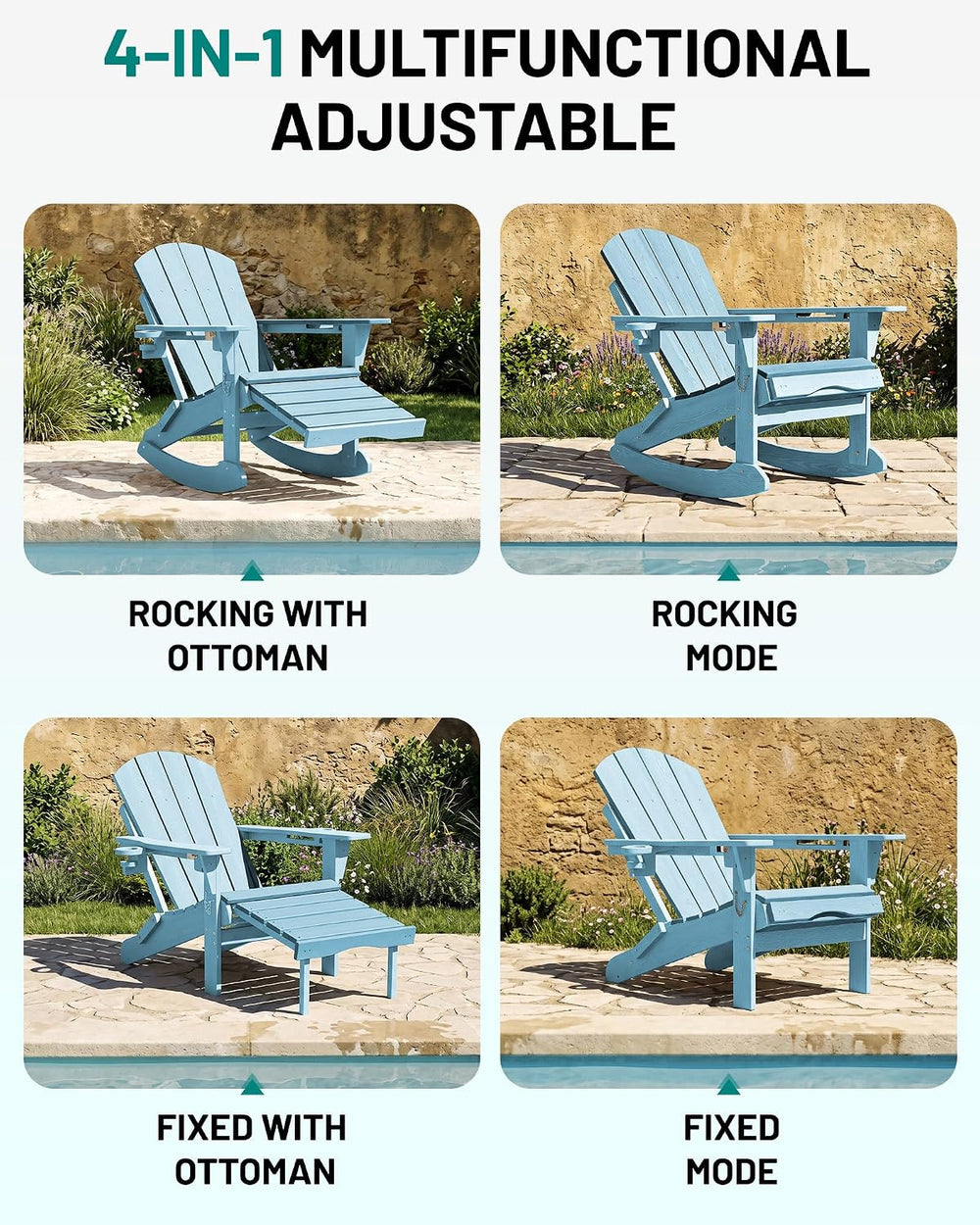 PLUUV Folding Adirondack Rocking Chair with Retractable Ottoman, Aruba