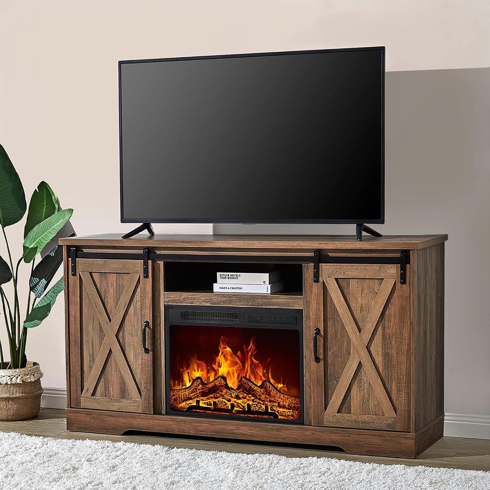 AMERLIFE Living Room Furniture Set, 59" Barnwood TV Stand with Fireplace