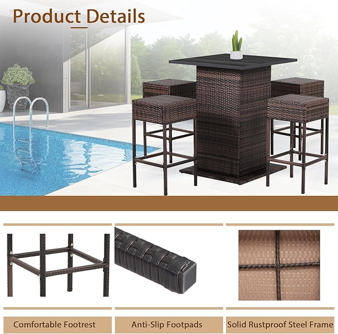 Tangkula 5 Piece Outdoor Rattan Bar Set, Patio Bar Furniture with 4 Cushions ...