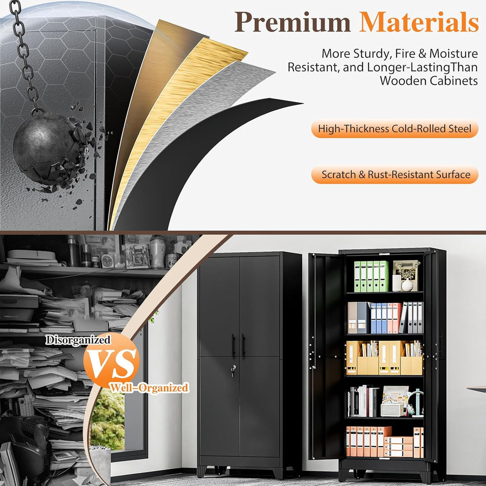 Metal Pantry Cabinets, 71" H Lockable Steel Storage Cabinet with 2 Doors