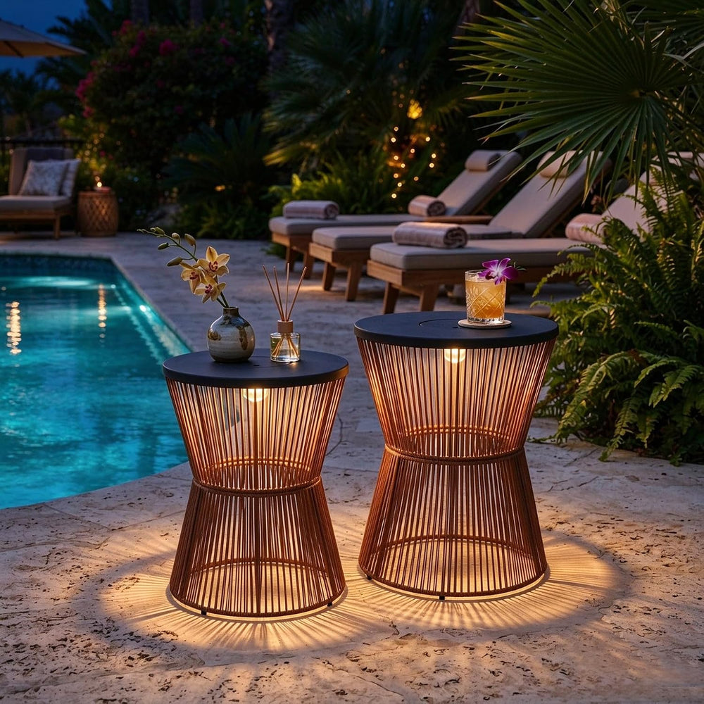 Farmhouse Solar Outdoor Side Table with Light, Poolside End Table Set of 2