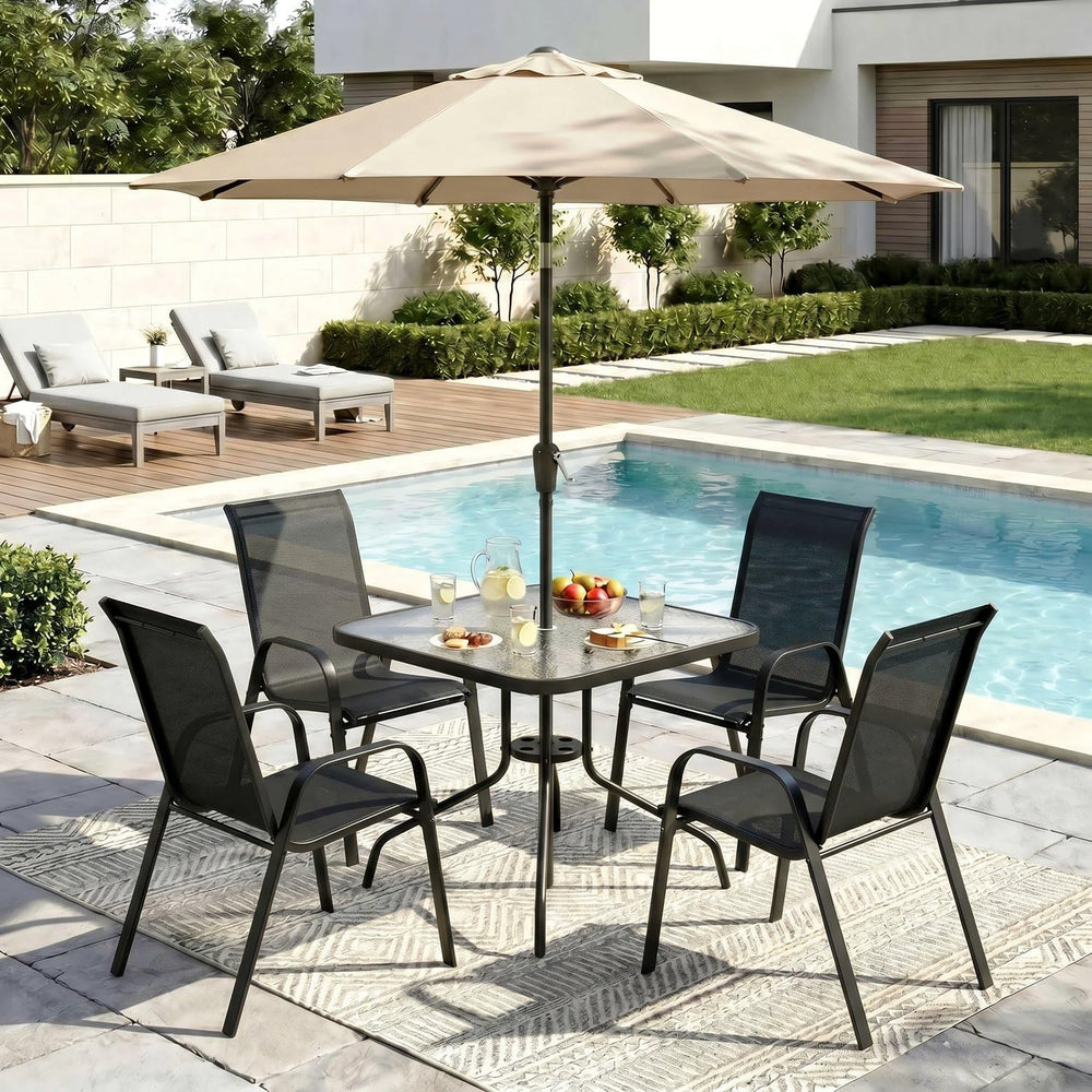 Arlopu 5 Pieces Outdoor Patio Dining Set, Glass Table and Textilene Chair
