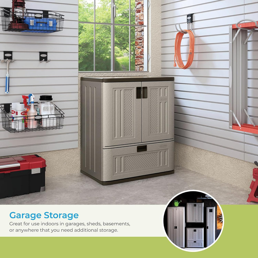 Suncast Base Storage Cabinet, Lockable Single-Drawer Organizer, Platinum