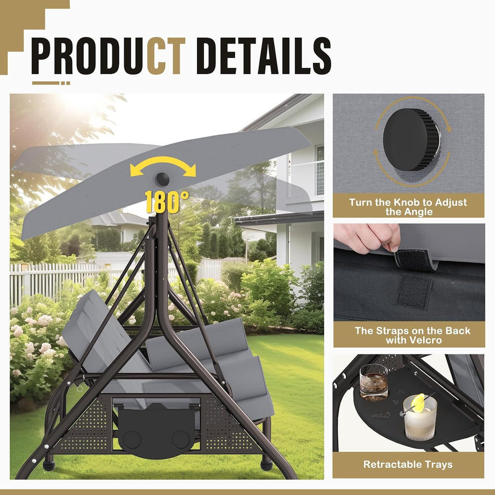 3-Seat Patio Swing Chair, Outdoor Porch Swing with Cushions,Pillows & Cup...
