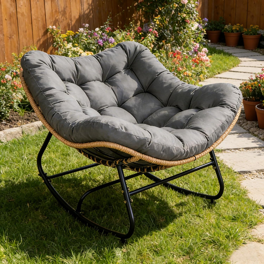 Oversized Wicker Rocking Chair Indoor Outdoor, 450 LBS Heavy Duty Patio Papas...
