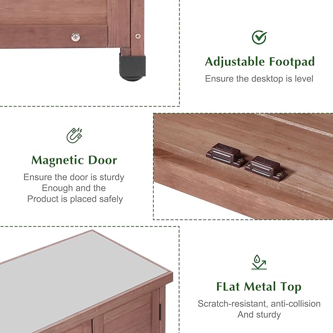 Outdoor Storage Cabinet & Potting Bench Table with Metal Top, Wooden Pati...