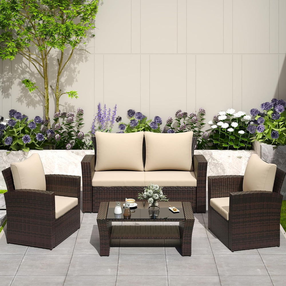 Solaste 4 Piece Patio Outdoor Furniture Sets,Patio Conversation Sofa Wicker C...