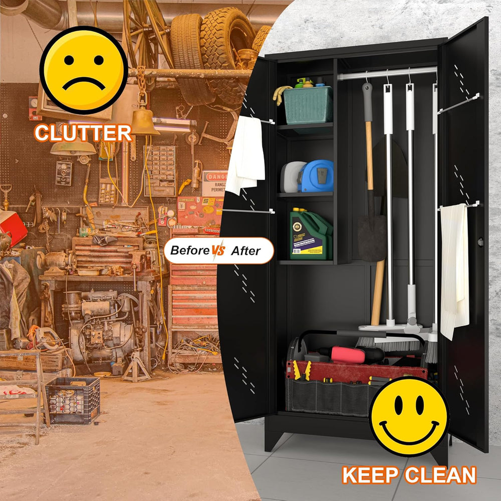 75" Metal Garage Storage Cabinet, Cleaning Tool Storage Cabinet, Utility...