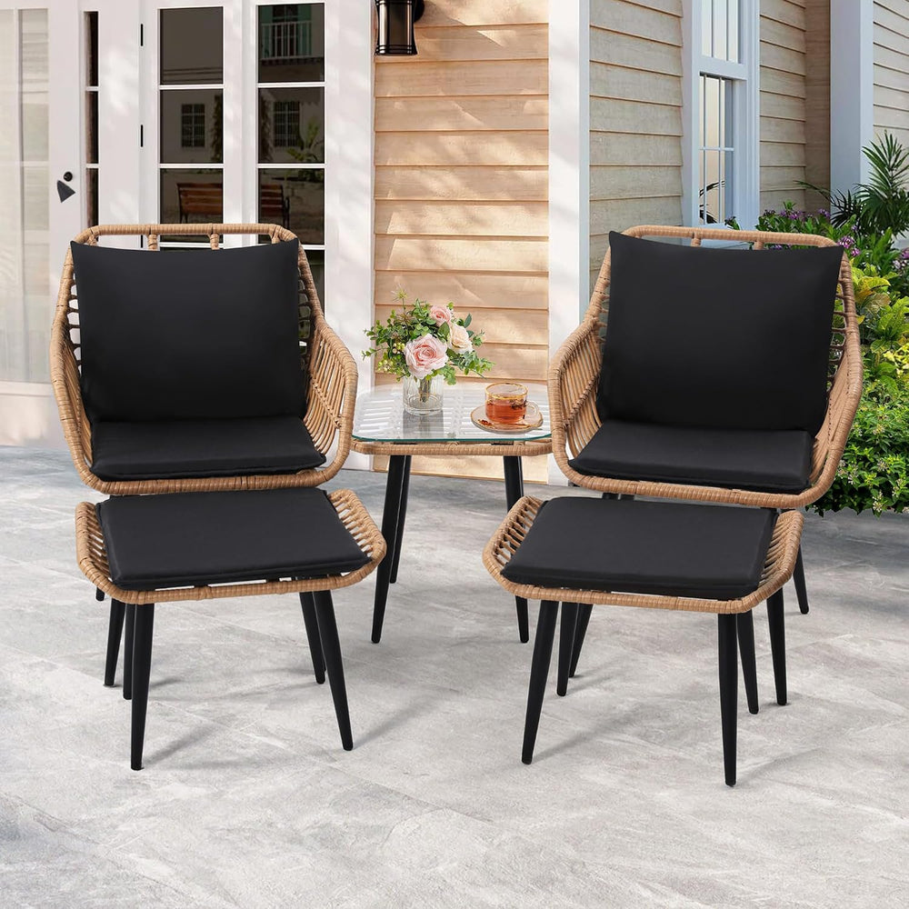 KROFEM 5 Piece Wicker Bistro Patio Conversation Furniture Set, Natural