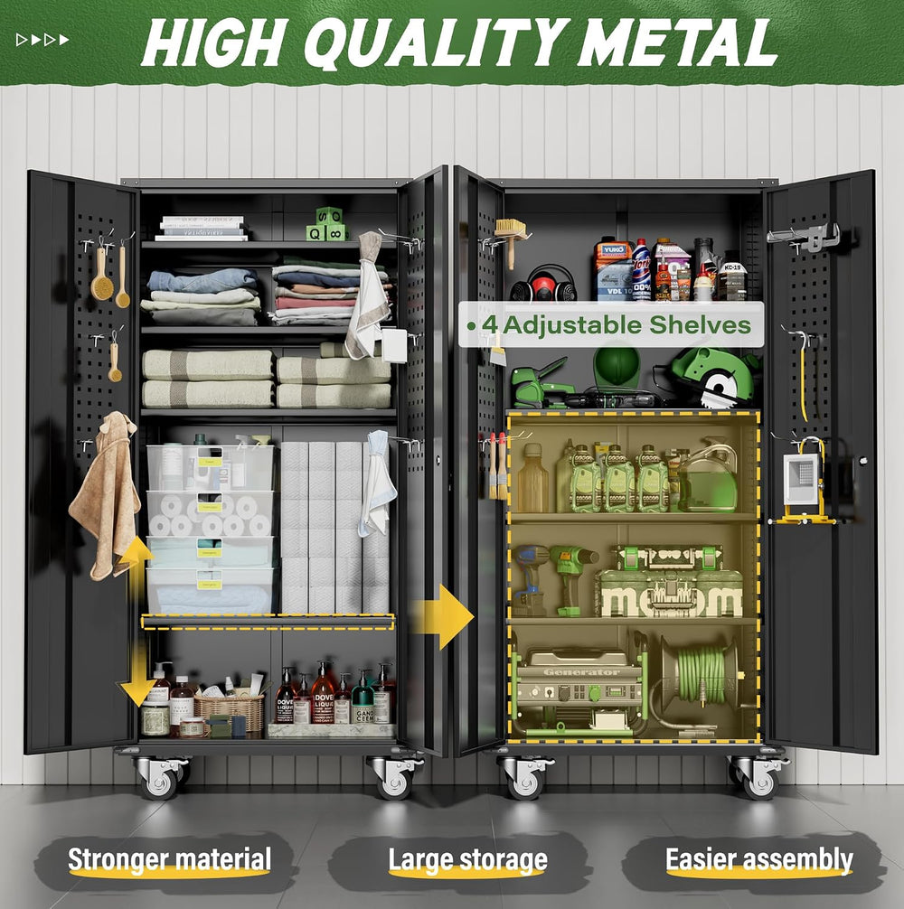 72" Black Metal Storage Cabinet with Wheels, Pegboards, Locking Doors an...