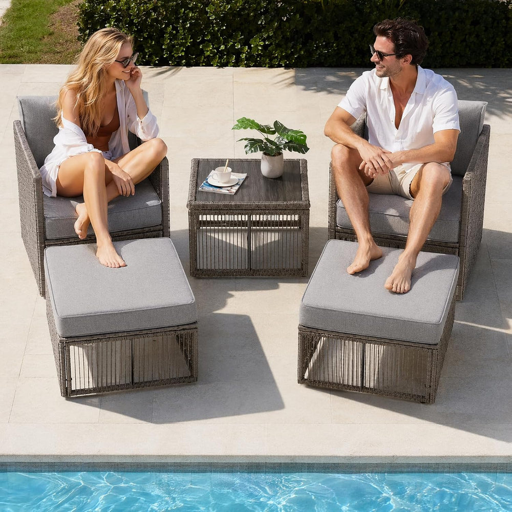 5-Piece Patio Furniture Set, All-Weather PE Rattan Wicker Arm Chairs with Ott...